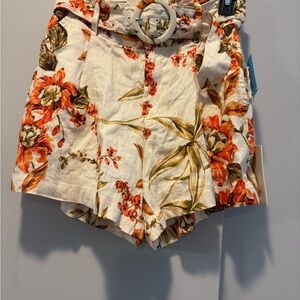 Joie High-Waist Floral Tie-Belt Shorts in Cream & Orange